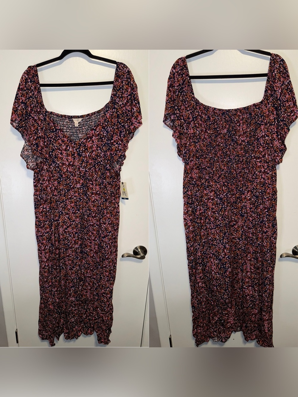 Terra & Sky Flutter Sleeve Pink and Navy Floral Midi Dress